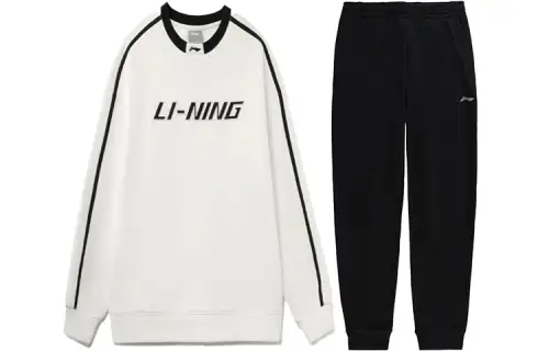 Li Ning Letter Print Loose Fit Crew Neck Pullover Thermal Fleece Lined Hoodie With Ankle Length Fleece Lined Sweatpants