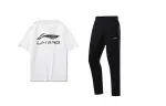 Li Ning Casual Sportswear Men's Clothing Set White T Shirt+Black Pants Crew Neck Moderate