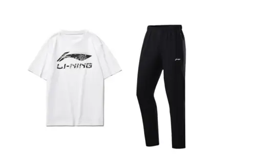 Li Ning Casual Sportswear Men's Clothing Set White T Shirt+Black Pants Crew Neck Moderate