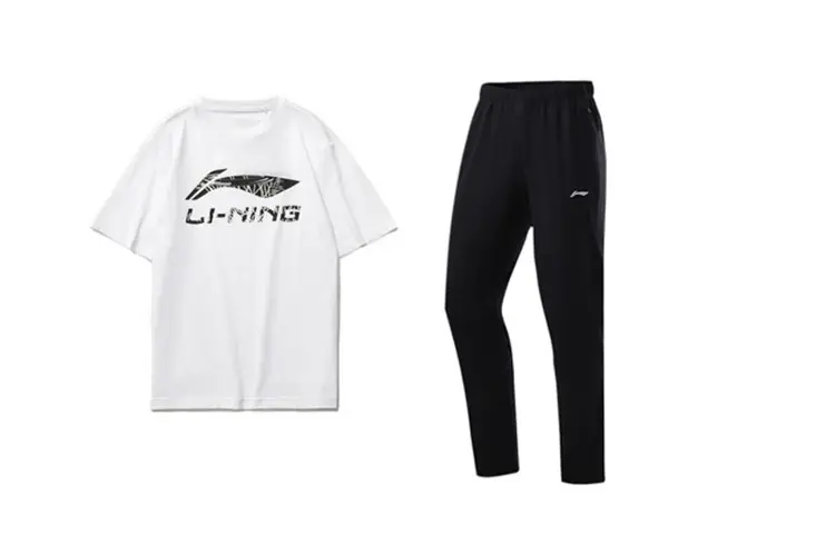 Li Ning Casual Sportswear Men's Clothing Set White T Shirt+Black Pants Crew Neck Moderate