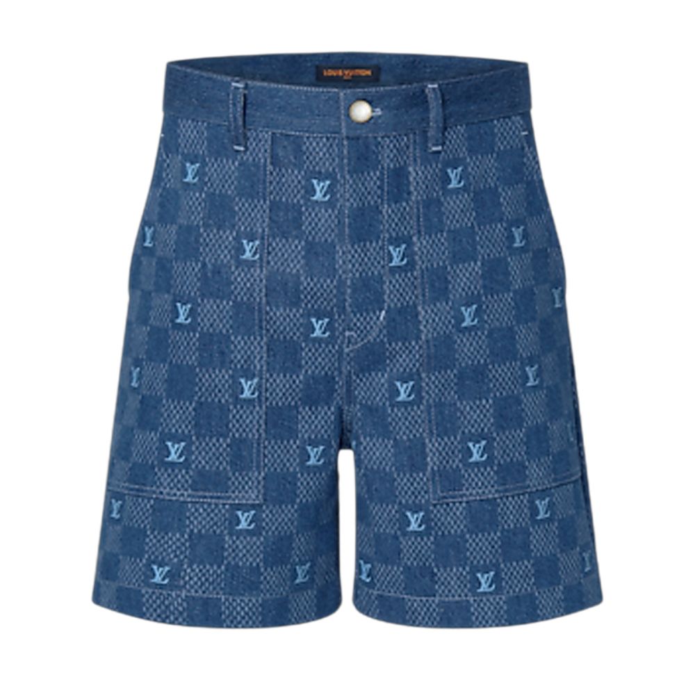 Lv Embroidered Damier Denim Shorts