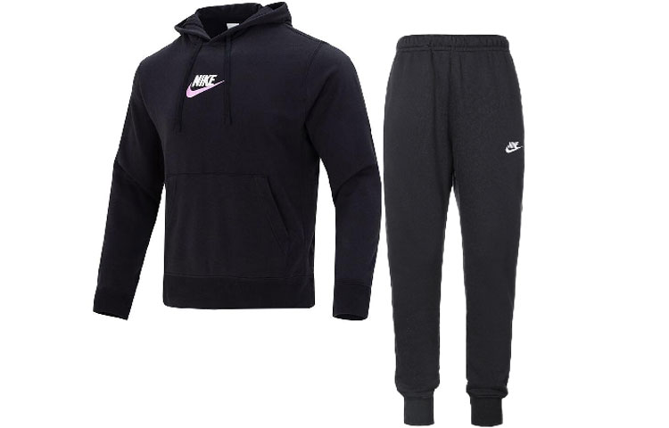 Nike Letter Embroidery Casual Hooded Long Sleeved Sweatshirt Fleece Lined Knitted Sweatpants Casual Sportswear Men's