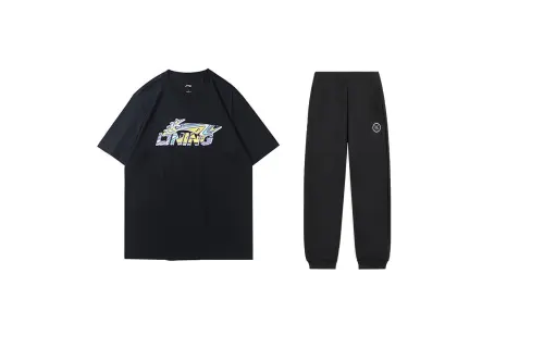 Li Ning Sports Fashion Collection Casual Sportswear Men's Set Black+Black Crew Neck Moderate