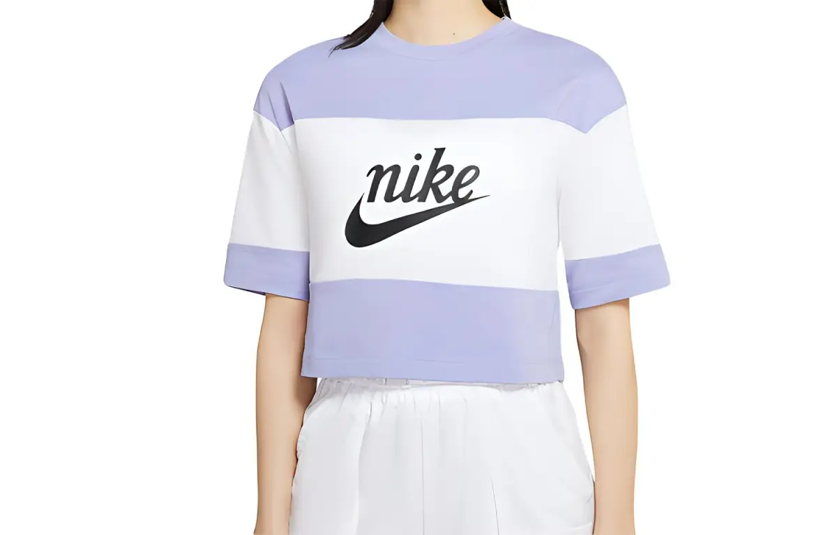 Nike Crop Tops Women's White/Light Thistle Purple/Black Crew Neck Moderate