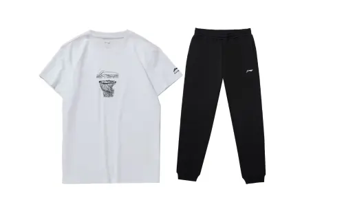 Li Ning Sports Fashion Collection Casual Sportswear Men's Set White+Black Crew Neck Moderate
