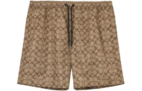 COACH SS23 Men's All-Over Logo Print Drawstring Swim Trunks Khaki