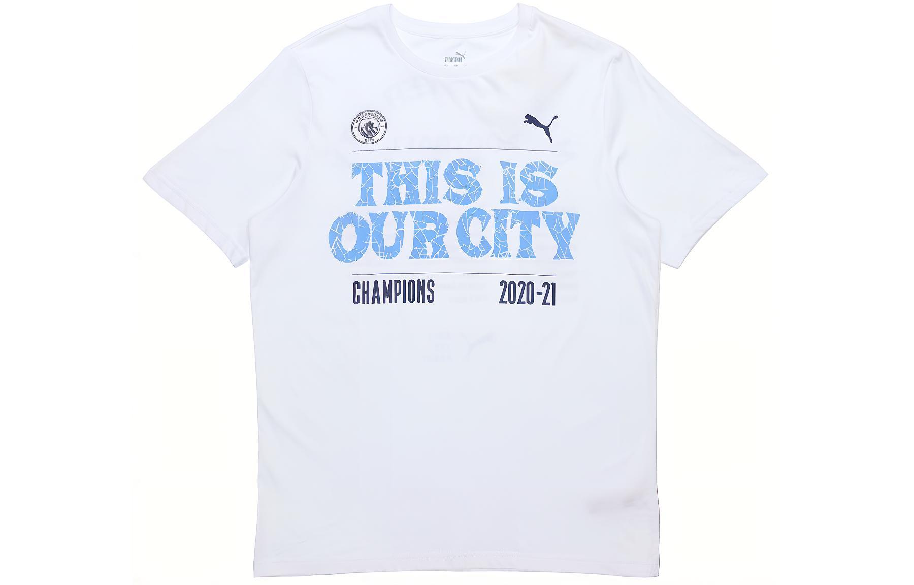 PUMA Manchester City Football Club Series MCFC 20-21 Season Letter Print Football Sports Round Neck Short Sleeve T-Shirt Men's White