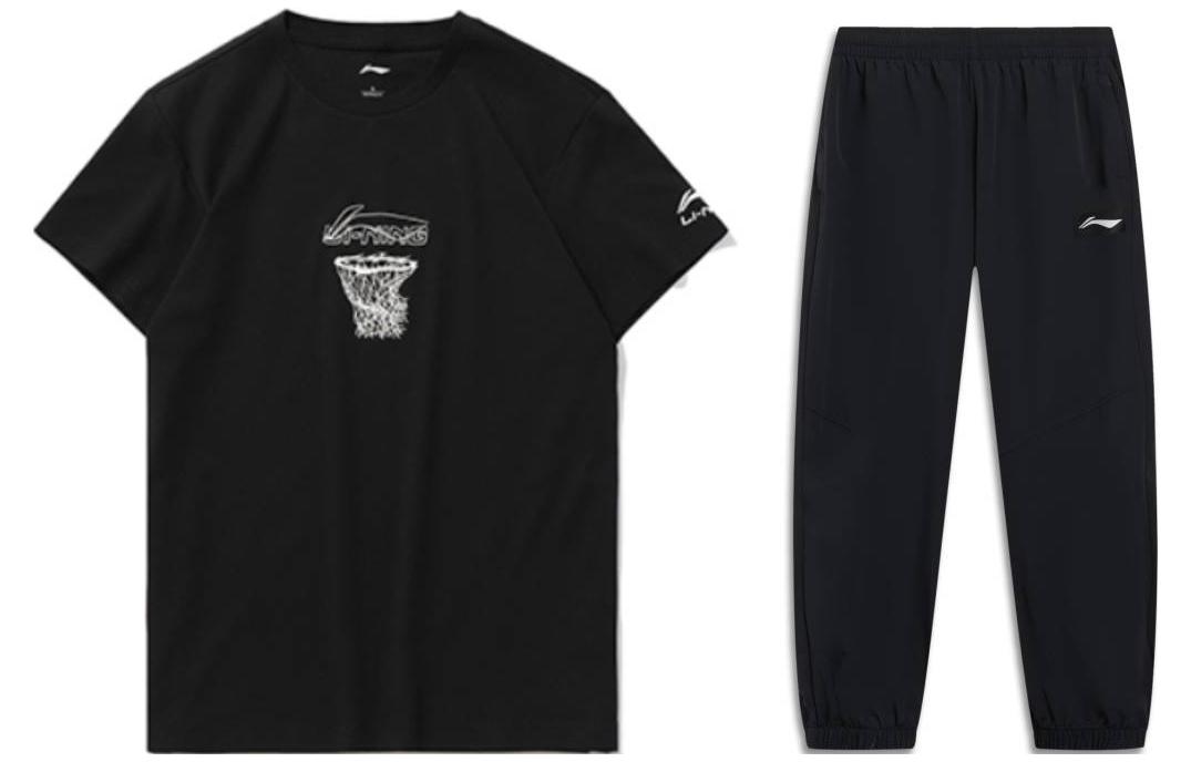 Li Ning Casual Sportswear Men's Set Black Crew Neck Moderate