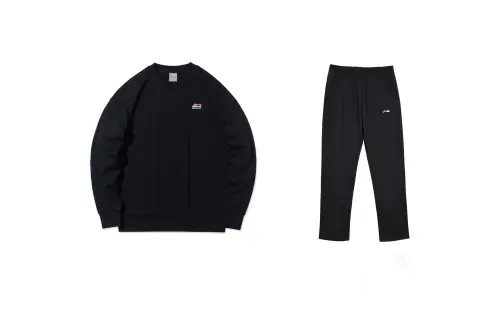 Li Ning Sports Fashion Collection Casual Sportswear Men's Set Black+Black Crew Neck Moderate