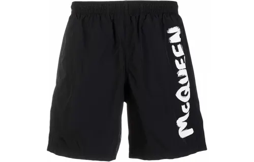 Alexander McQueen Alexander McQueen SS21 Solid Color Letter Pattern Swimming Board Shorts Men's Black