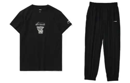 Li Ning Casual Sportswear Men's Set Black+Black Crew Neck Moderate