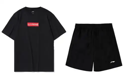 Li Ning Casual Sportswear Unisex Clothing Sets Black Top+Black Bottom Crew Neck Moderate