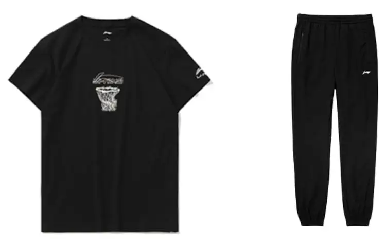 Li Ning Casual Sportswear Men's Set Black+Black Crew Neck Moderate