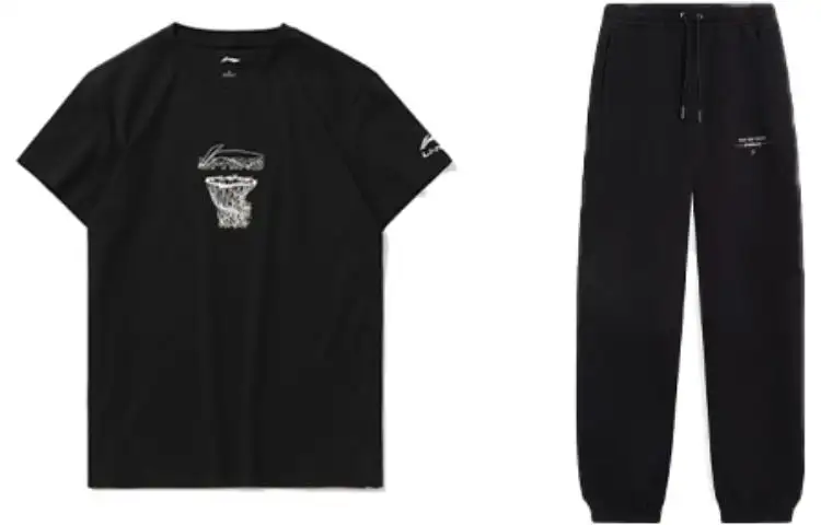 Li Ning Casual Sportswear Men's Set Black+Black Crew Neck Moderate