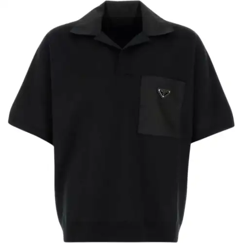 PRADA Polo Shirts Men's Black Lapel Moderate Straight Fit