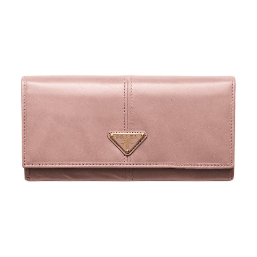 PRADA Prada Soft Look Enamel Metal Triangle Logo Cow Leather Wallet Large Women's Pink