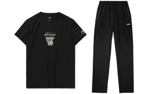 Li Ning Casual Sportswear Men's Set Black Crew Neck Moderate