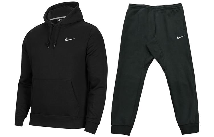 Nike Logo Embroidery Drawstring Sweatshirt Training Fleece Lined Straight Fit Pants Casual Sportswear Men’s Black