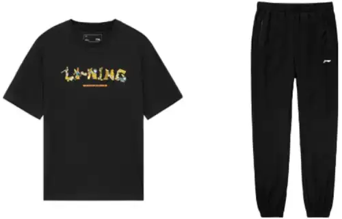 Li Ning Sports Basketball Collection Casual Sportswear Men's Set Black+Black Crew Neck Moderate