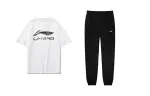 Li Ning Casual Sportswear Men's Clothing Set White T Shirt+Black Pants Crew Neck Moderate