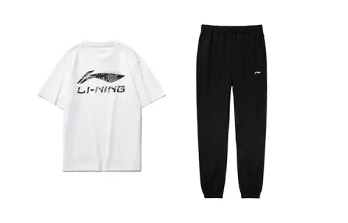 Li Ning Casual Sportswear Men's Clothing Set White T Shirt+Black Pants Crew Neck Moderate