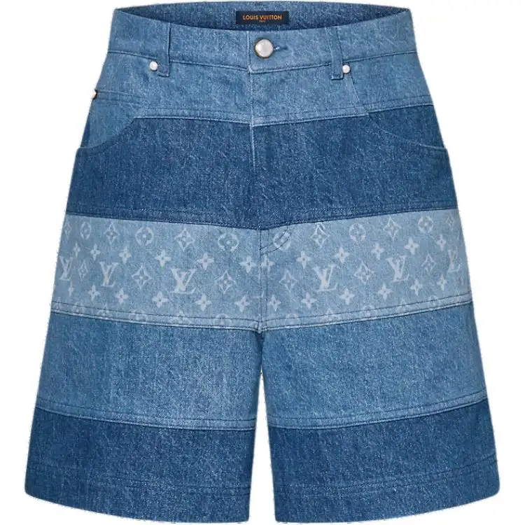 Lv Striped Patchwork Denim Shorts
