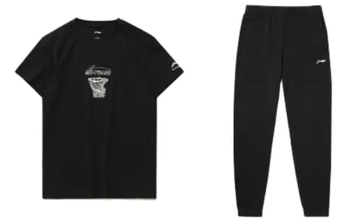 Li Ning Casual Sportswear Men's Set Black+Black Crew Neck Moderate