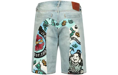 EVISU SS24 Playful Godhead Daicock Print Regular Fit Denim Shorts