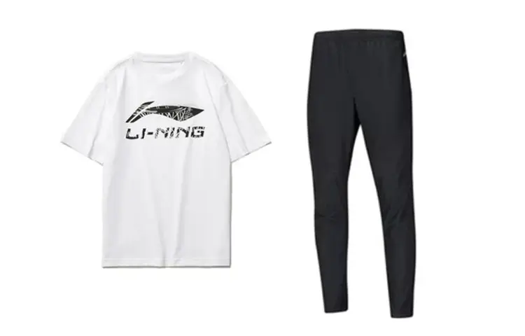 Li Ning Casual Sportswear Men's Clothing Sets White T Shirt+Black Pants Crew Neck Moderate
