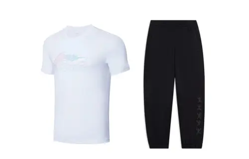 Li Ning Casual Sportswear Men's Clothing Sets White+Black Crew Neck Moderate