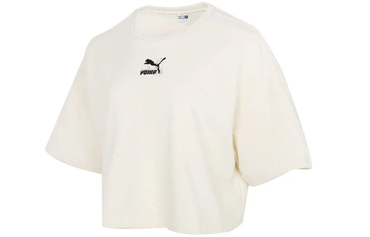 PUMA Crop Tops Women's Ecru Crew Neck Moderate