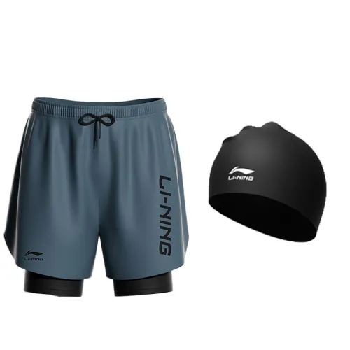 Li Ning Swimming Shorts Men's 814 Gray Swimming Shorts+808 Swimming Cap Moderate