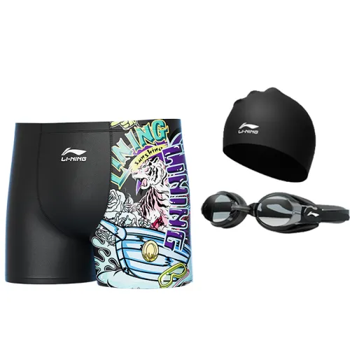 Li Ning Swimming Shorts Men's 755 Square Leg Swim Trunks+808 Swimming Cap+508 Swim Goggles Moderate