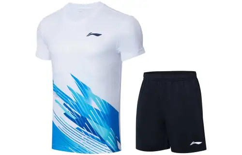 Li Ning, quick dry T-shirt for badminton, shorts, basketball white set for men and women, V-neckline, mid rise, loose straight fit