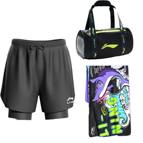 Li Ning Men's Swimwear Men's Swimming Shorts+Swim Bag+Bath Towel Casual Surf Swimsuit