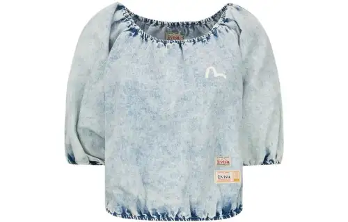 EVISU Crop Tops Women's Blue Crew Neck Moderate