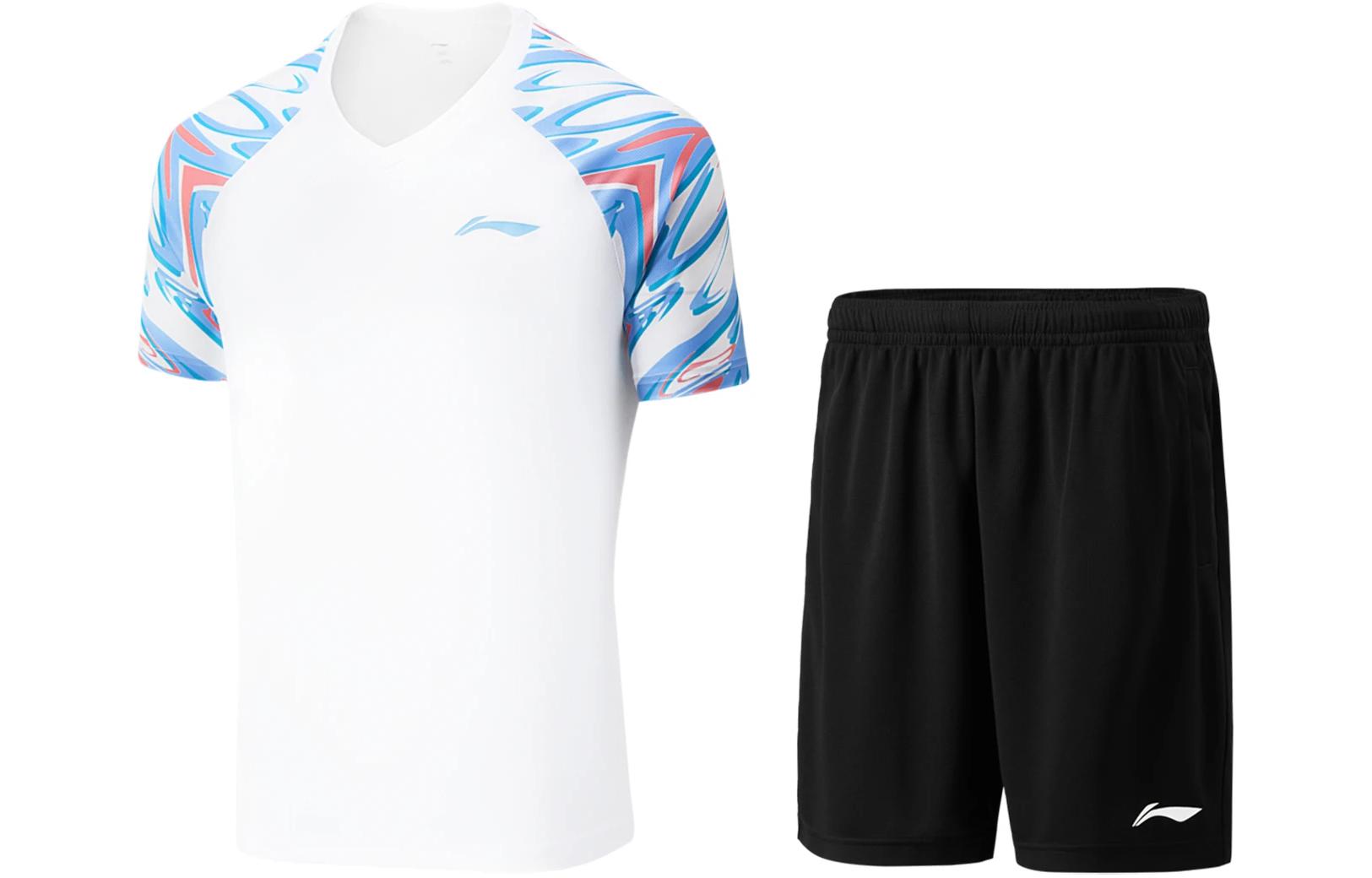Li Ning, T-shirt for badminton, shorts, uniform, set for men and women, V-neckline, loose straight fit