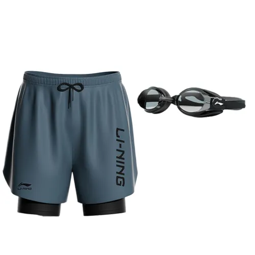 Li Ning Swimming Shorts Men's 814 Gray Swimming Shorts+508 Swim Goggles Moderate Mid Length Swim Shorts