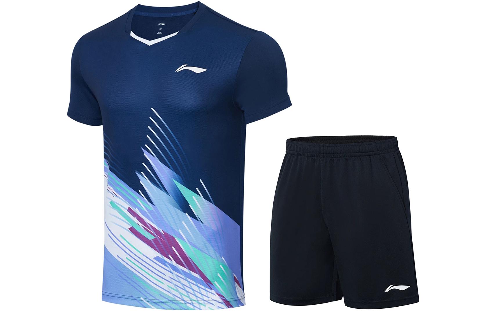 Li Ning, quick dry T-shirt for badminton, shorts, basketball set for men and women, V-neckline, mid rise, loose straight fit