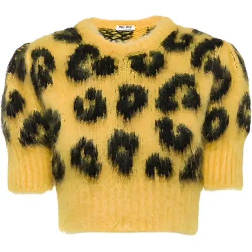 MIU MIU Women's Leopard Knit Cropped Wool Sweater Yellow