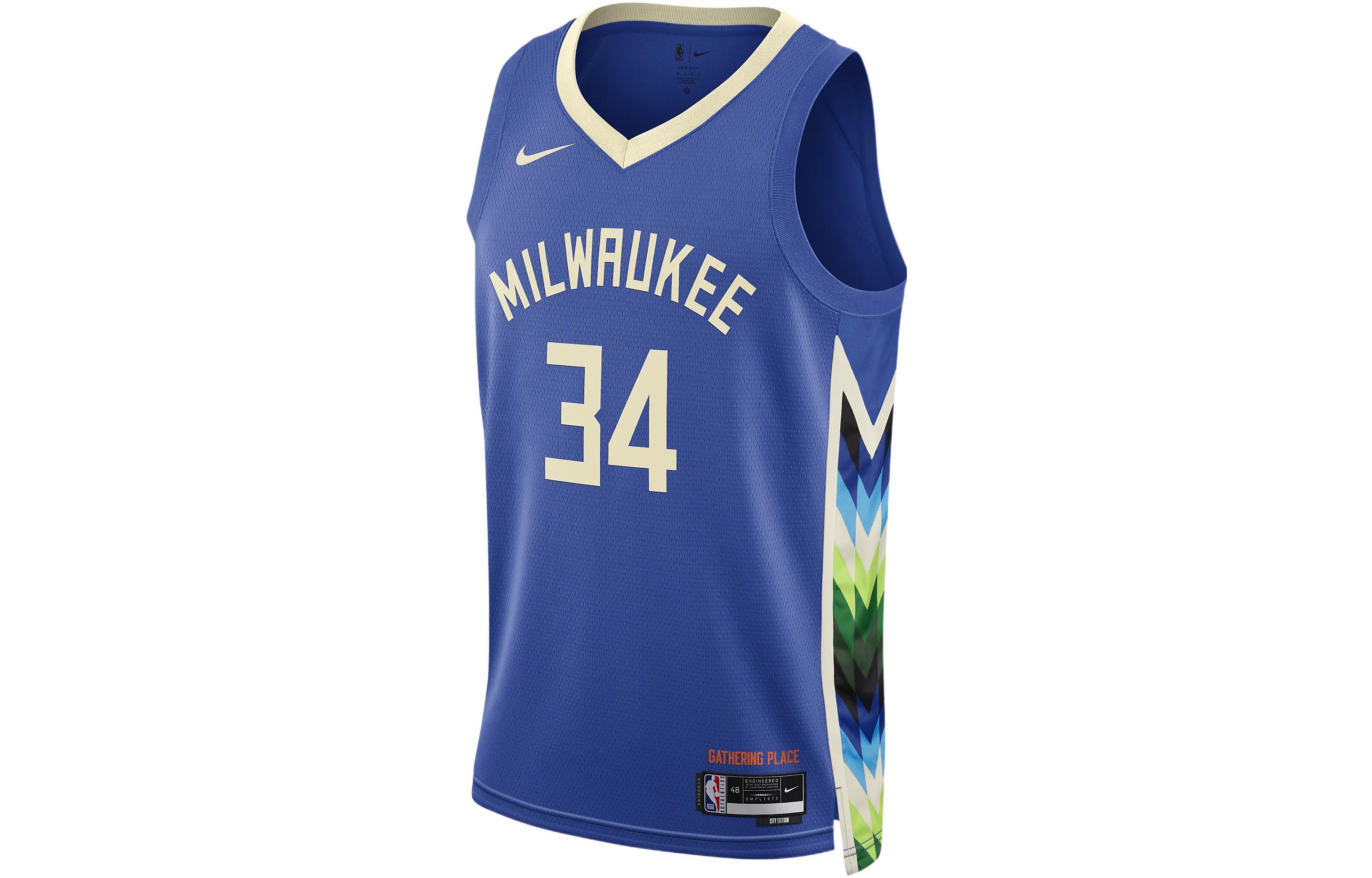 Nike NBA quick-drying printed city version jersey SW fan version 2022-23 season Bucks Antetokounmpo No. 34 basketball vest, same style for men and women, light blue