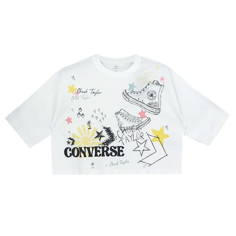 Converse Crop Tops Women's White Crew Neck Moderate