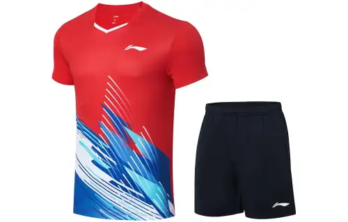 Li Ning, quick dry T-shirt for badminton, shorts, basketball set for men and women, V-neckline, mid rise, loose straight fit, cinnabar
