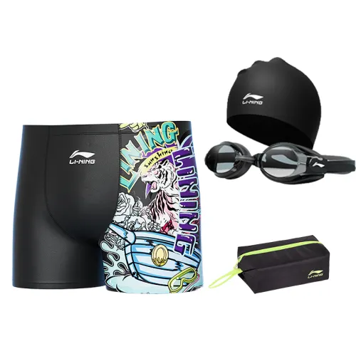 Li Ning Swimming Shorts Men's 755 Swimming Shorts+808 Swimming Cap+508 Swim Goggles+708 Swim Bag Moderate Square Leg Swim Trunks