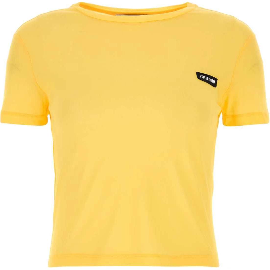 MIU MIU FW24 Solid Color Logo Label Crew Neck Short Sleeved Shirt T Shirt Women's Yellow
