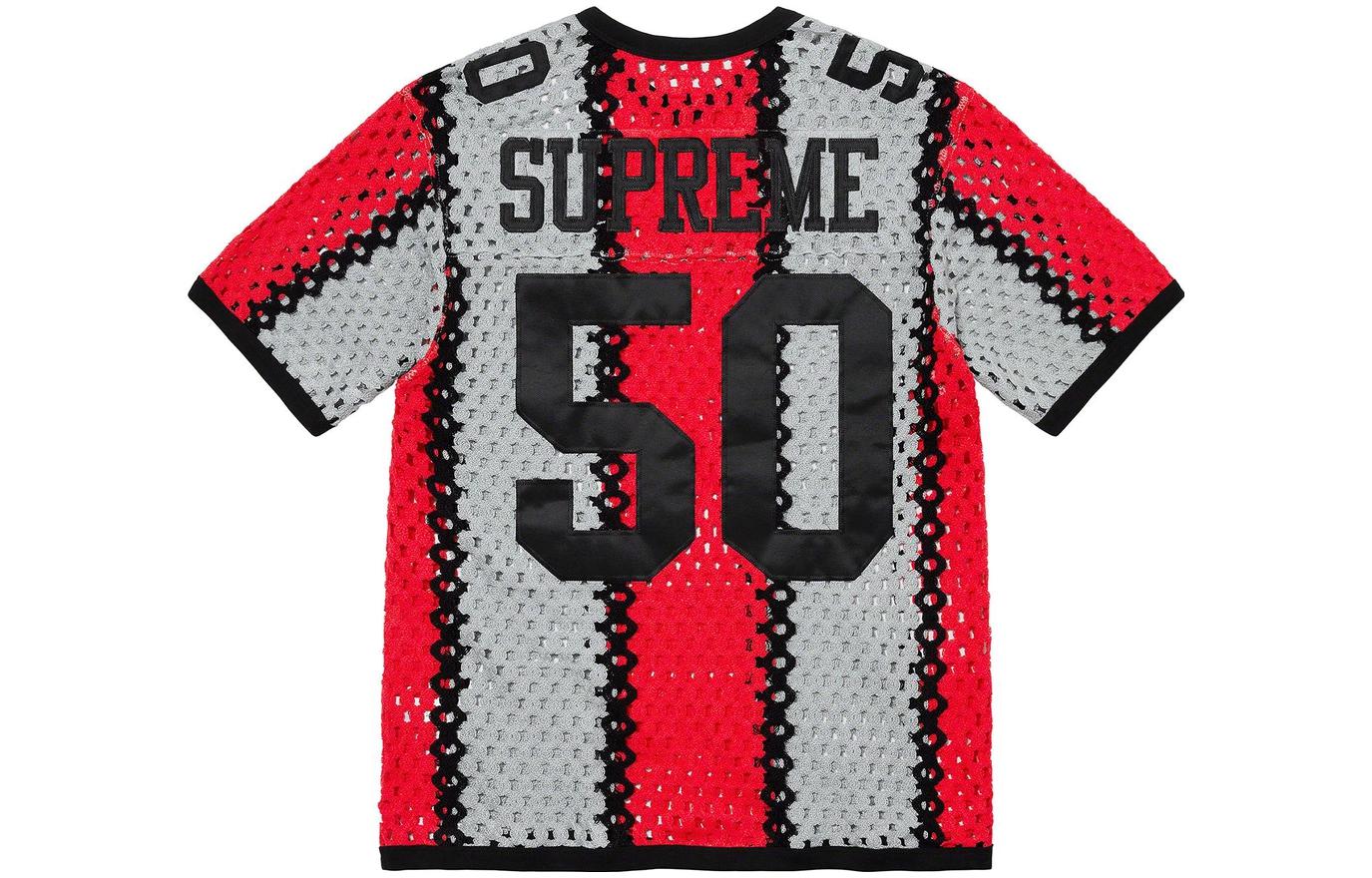 Supreme SS23 Week10 crochet football jersey Logo digital patch knitted mesh football short-sleeved T-shirt for men and women.
