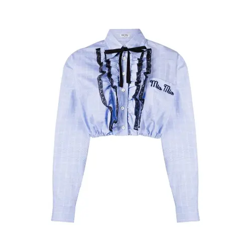 MIU MIU Crop Tops Women's Blue Pointed Collar Moderate