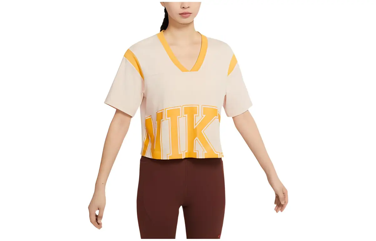 Nike Crop Tops Women's Yellow V-neck Moderate Straight Fit