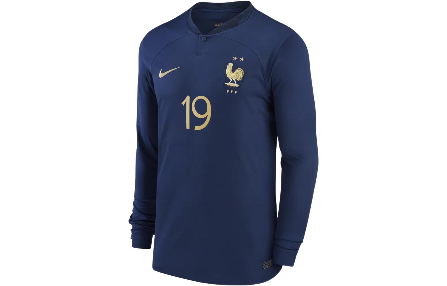 Nike 2022/23 Qatar World Cup Logo Logo Long Sleeve Football Jersey Fan Edition France Team Home No. 19 Benzema Men's Midnight Blue
