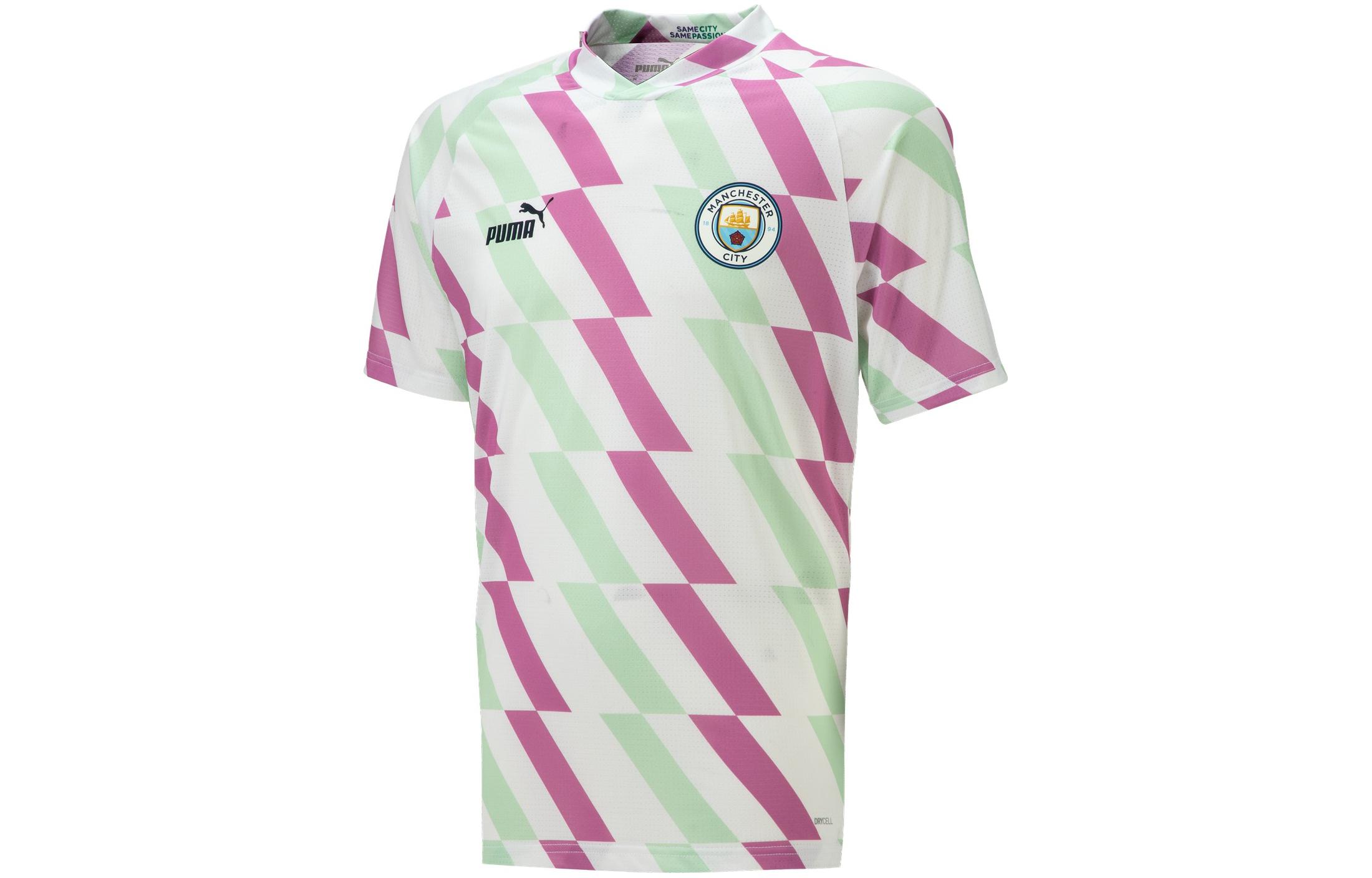 PUMA Manchester City Manchester City 22/23 Warm-up football training Logo letter striped short-sleeved T-shirt men's light green